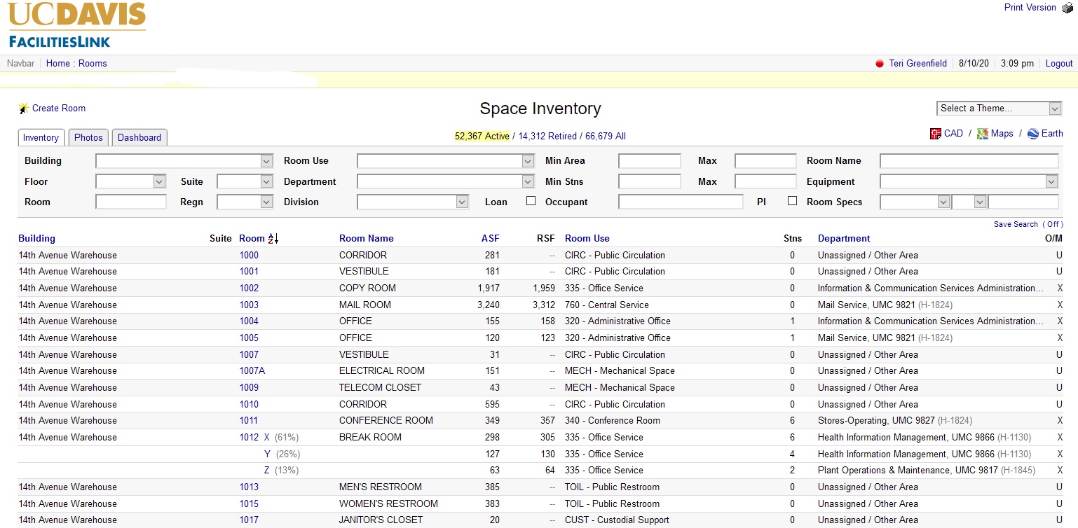 Space Inventory page screenshot