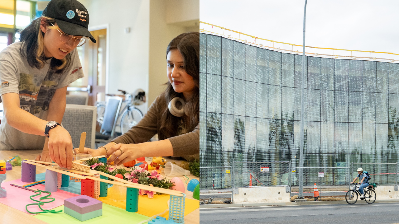 Graphic of two photos: on the left side, two people sit at a table and arrange colorful objects into a structure; on the right, the glass facade of the Resnick Center serves as the backdrop of a biker on Hutchison Drive